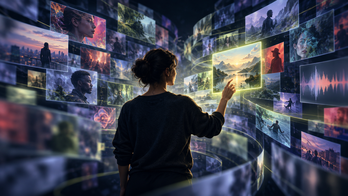 Conceptual AI illustration of a person consciously choosing a media item from a stream of synthetic content.